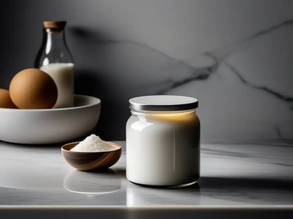 Una imagen de una elegante encimera de cocina minimalista con leche evaporada-