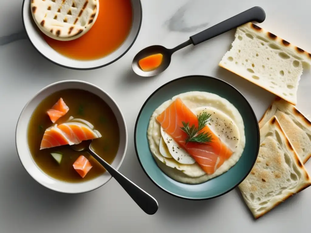 Cocina Judía en América del Norte: Minimalismo y sabor en una escena de cocina con una tostada de salmón ahumado, un cuchillo plateado y una deliciosa sopa de matzá