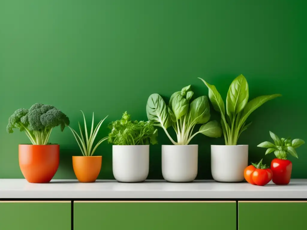 Cocina minimalista con variedad de verduras y hierbas cultivadas en casa