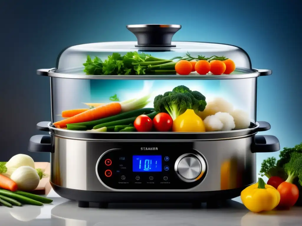 Cocina Saludable: Vaporera Eléctrica moderna de acero inoxidable, transparente, con alimentos vibrantes y deliciosos