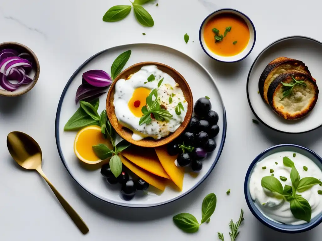 Plato griego con Tzatziki, Moussaka y Ensalada griega, destacando beneficios del yogur griego en la Cocina Mediterránea