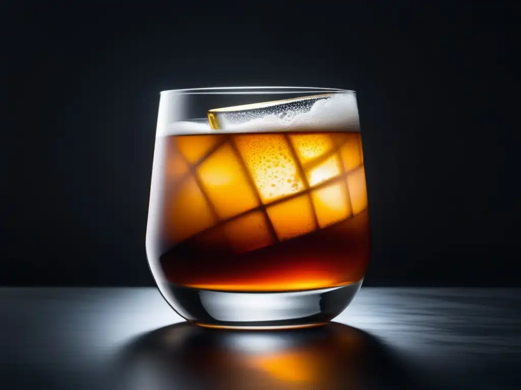 El Cóctel Dark 'n' Stormy: Un Clásico de las Islas Bermudas - Imagen minimalista y abstracta de un vaso de cristal lleno del cóctel Dark 'n' Stormy