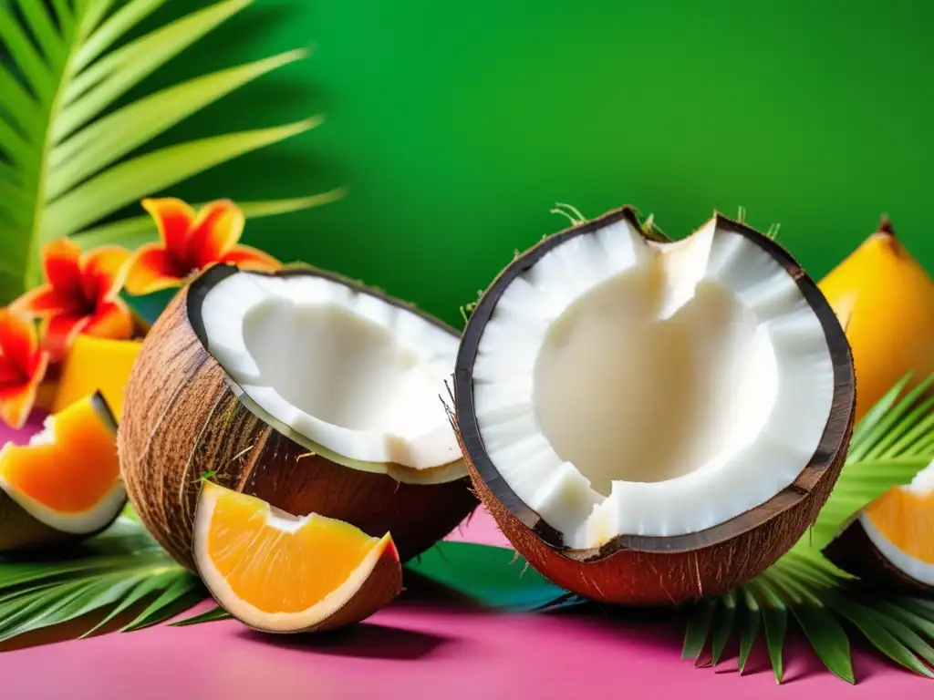 La leche de coco: un lácteo exótico en una imagen vibrante de un coco abierto con su pulpa blanca y leche