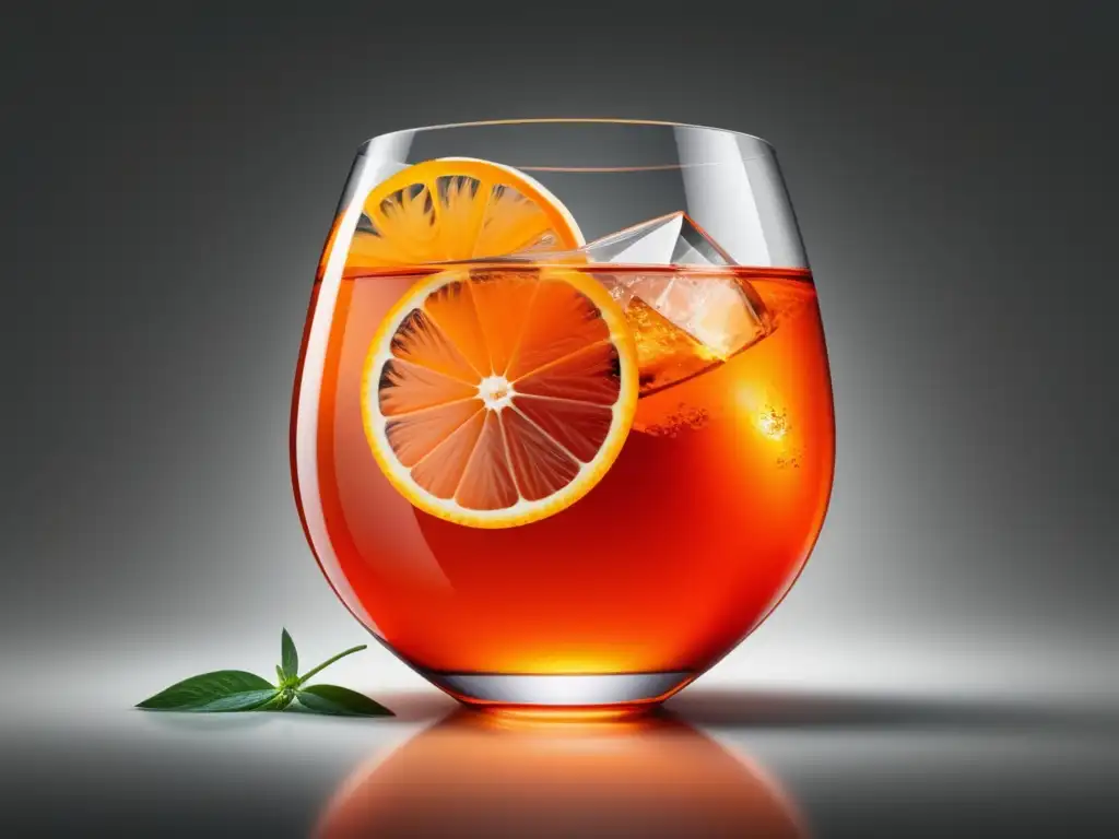 Imagen de Aperol Spritz: cóctel italiano clásico con vaso de cristal transparente, líquido naranja vibrante, adornado con naranja fresca y hierbas aromáticas, fondo degradado suave