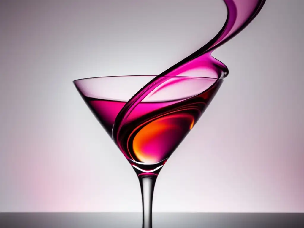 Un elegante cóctel cosmopolitan con un vibrante líquido rosa, creando una imagen minimalista y abstracta