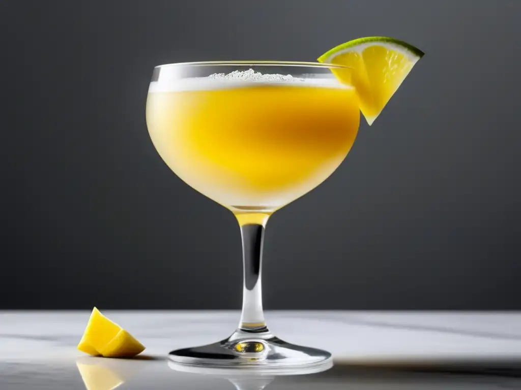 Pisco sour amarillo en copa elegante sobre encimera de mármol blanco, iluminado con luz suave que realza su tono dorado