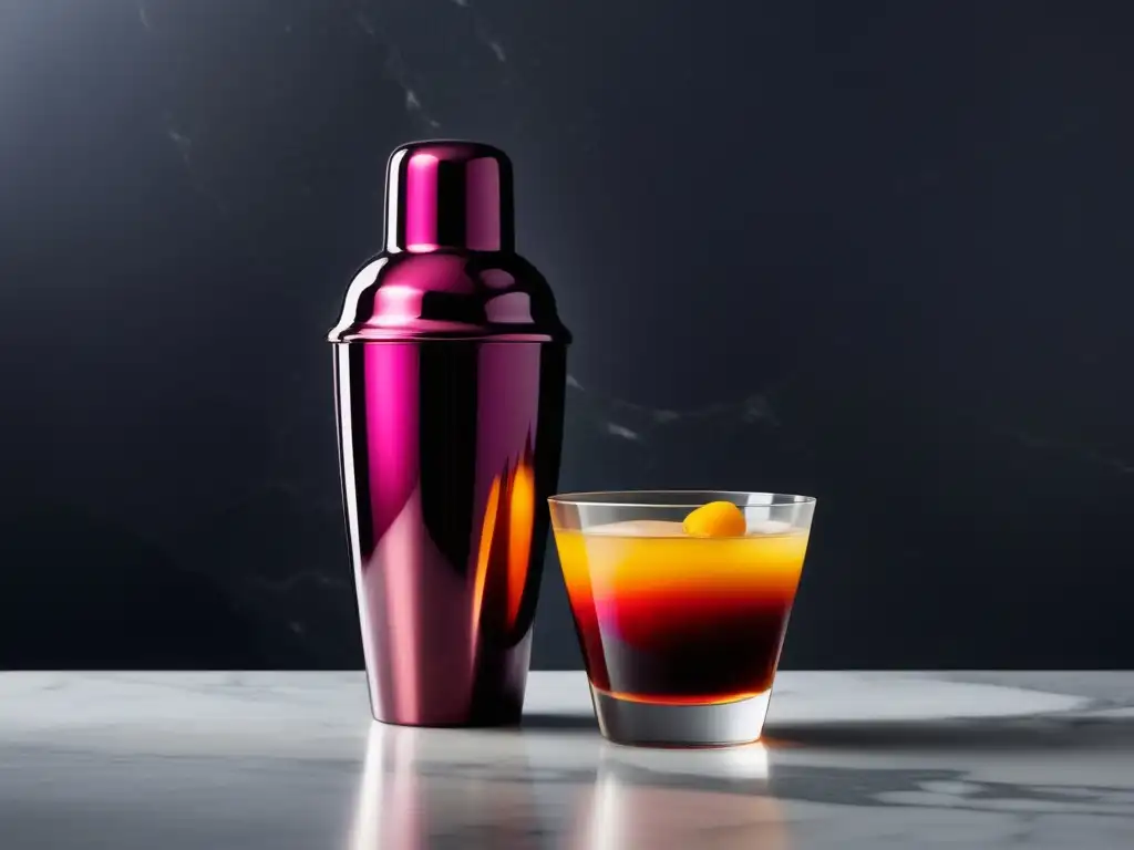 Cóctel Hanky Panky en elegante shaker sobre encimera de mármol, con mezcla vibrante de gin, vermut dulce y FernetBranca