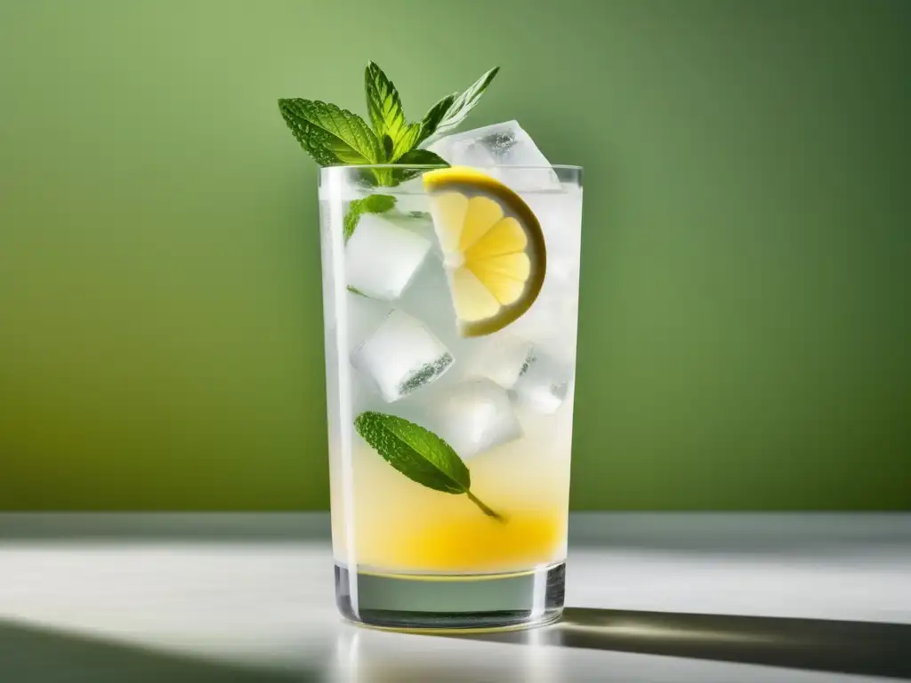 El Cóctel Tom Collins: Refrescante y Elegante - Bebida transparente en vaso, con limón, menta y fondo de color sólido