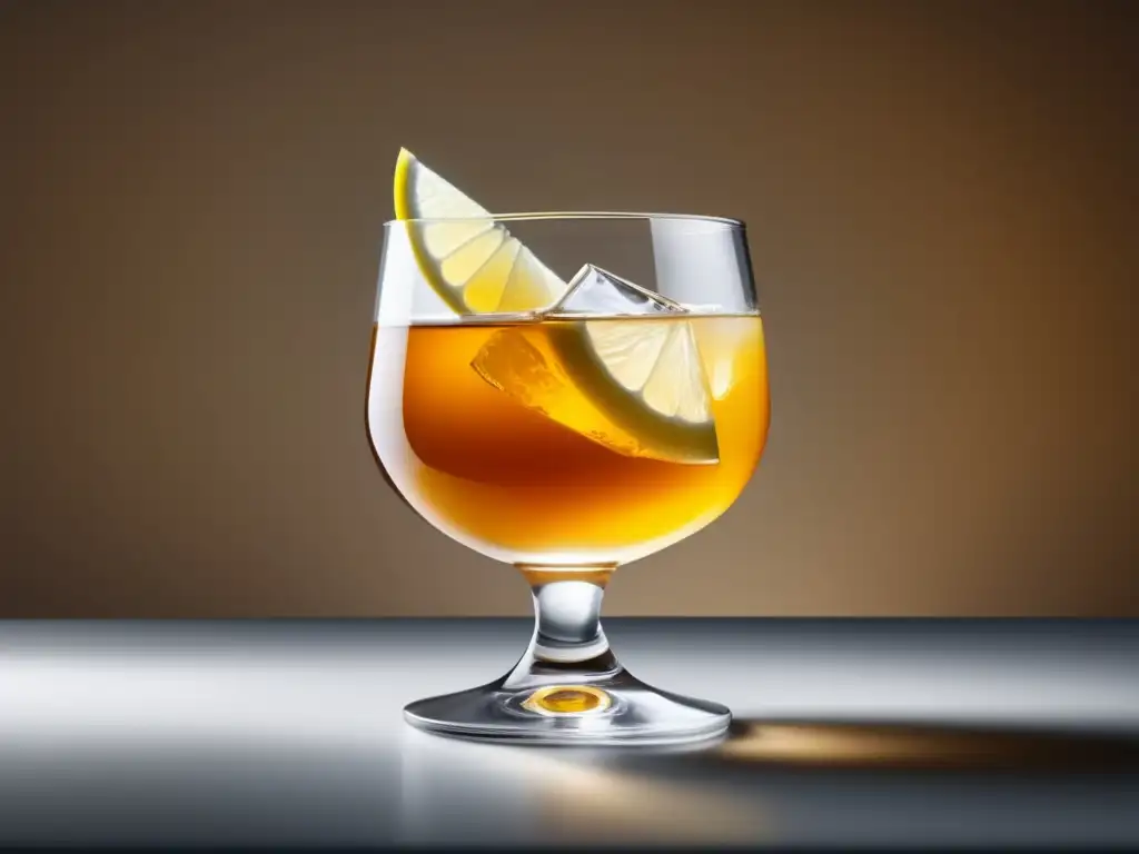 Imagen: Cómo Preparar un Auténtico Whisky Sour - Copa de whisky con cóctel dorado, limón y elegante fondo negro