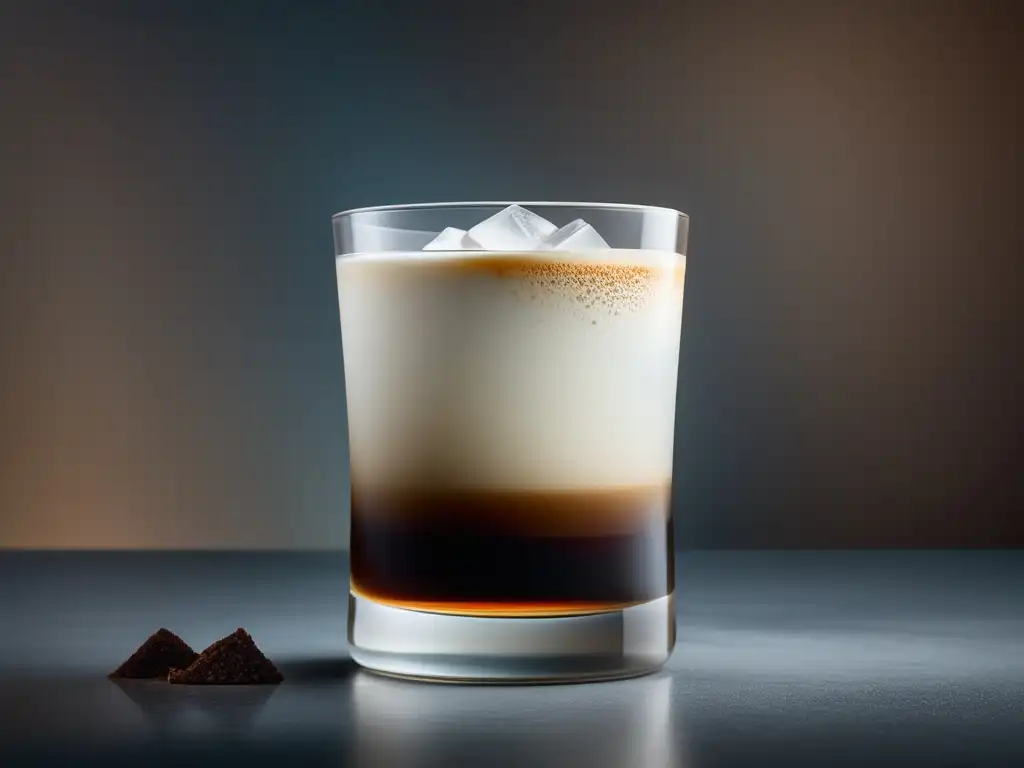 Preparar un Verdadero Cóctel White Russian: imagen de un elegante vaso con un cremoso cóctel blanco y oscuro