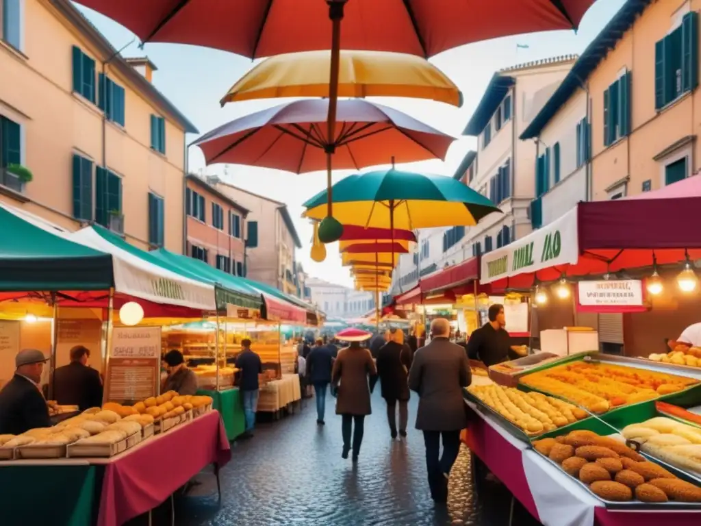 Comida callejera en Roma: escena vibrante de una concurrida calle llena de puestos de comida, como pizza, arancini y castañas asadas