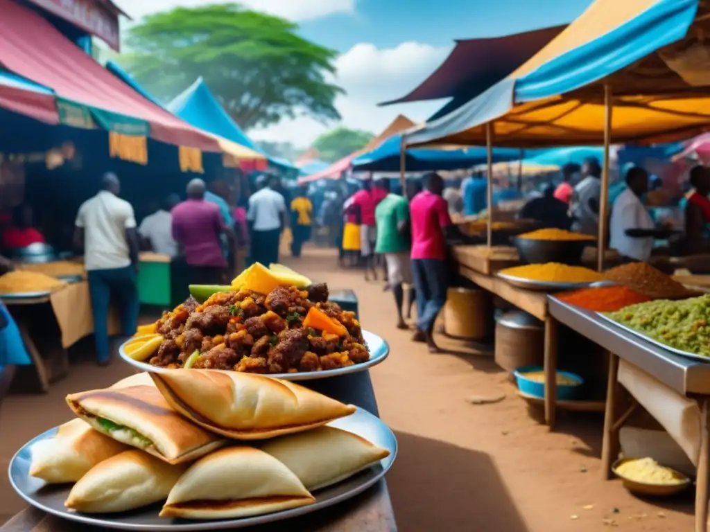 Sabores vibrantes en la comida callejera de Kenia: mercado bullicioso con platos tradicionales y clientes entusiasmados