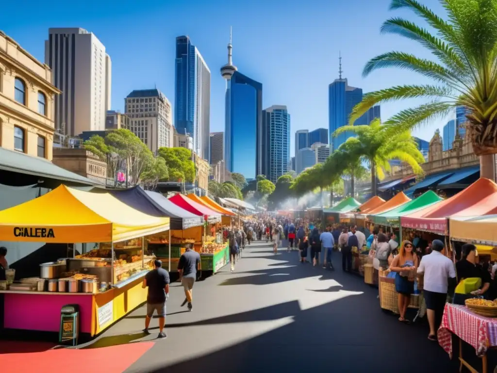 Comida callejera en Australia: vibrante escena en Sydney, con coloridos puestos de comida y el icónico Opera House y Harbour Bridge