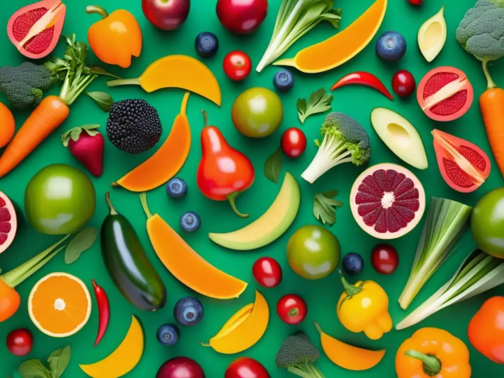 Comida vegana de fiesta: sorprende en ocasiones especiales - Una composición abstracta y colorida de vegetales y frutas en un patrón hipnotizante