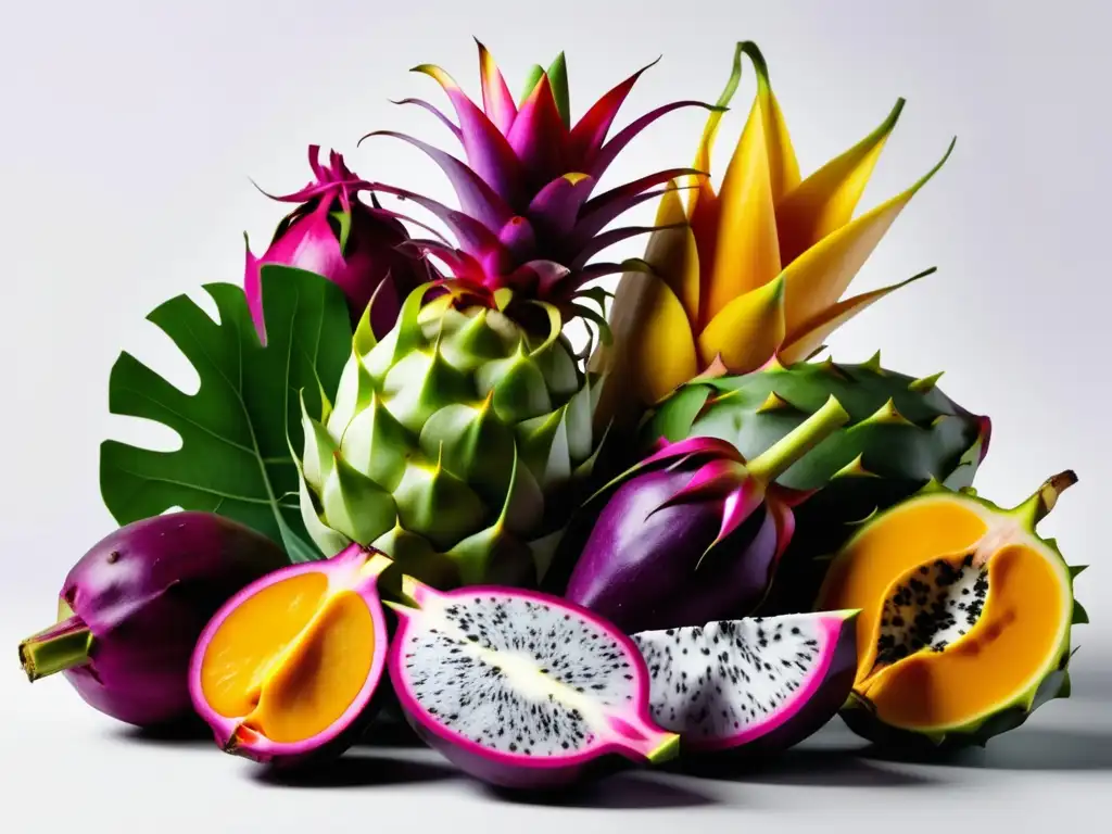 Exóticas verduras: Dragon fruit, jackfruit, yam, starfruit en imagen 8k minimalista