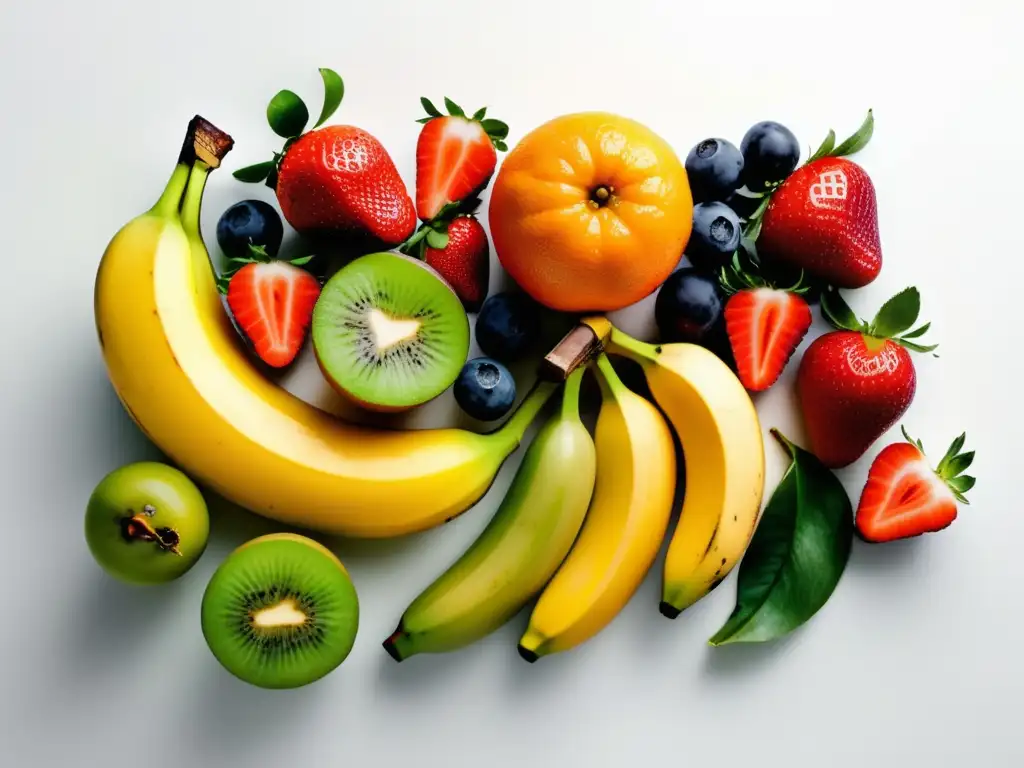 Arte de deshidratar frutas: Composición abstracta con frutas frescas y secas, simbolizando eliminación de partes no deseadas