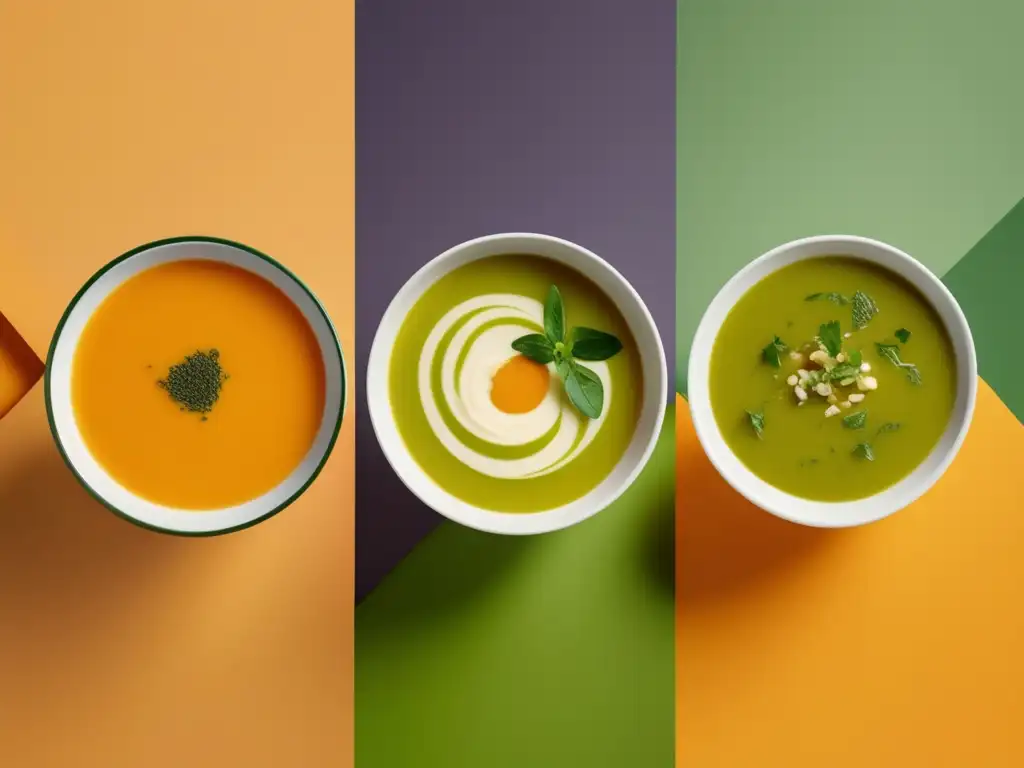 Imagen de sopas y cremas veganas con colores vibrantes y formas geométricas, representando las recetas de calabaza, brócoli y remolacha