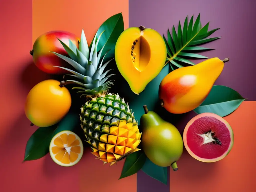 Frutas tropicales: Sabores y beneficios desconocidos - Composición abstracta de frutas vibrantes en estilizado diseño geométrico