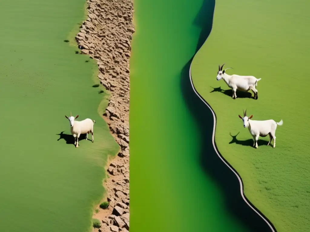 Paisaje sereno ilustrando impacto ambiental de la producción de carne de cabra: pasto verde y grupo de cabras en contraste con terreno seco