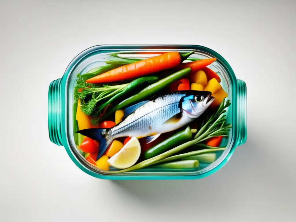 Alimentos en escabeche: vegetales y pescado vibrantes en frasco -