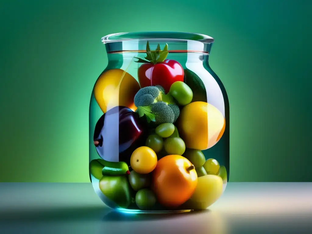 Frutas y verduras vibrantes suspendidas en líquido transparente, simbolizando la conservación de alimentos en mosto