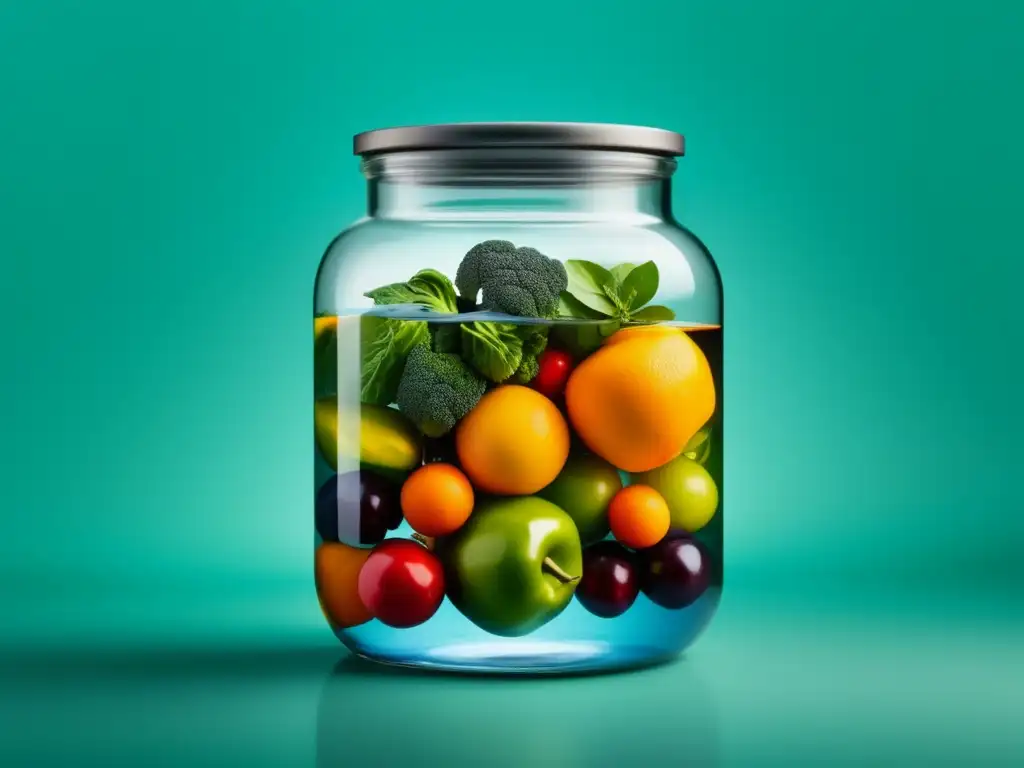 Conservación de alimentos en agua con frutas y vegetales vibrantes