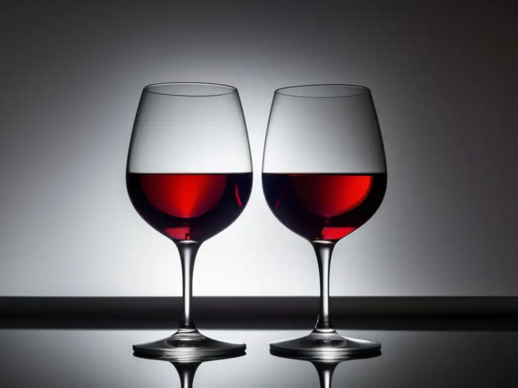 ¿Vino Tinto o Blanco? Un Análisis Detallado de sus Diferencias - Imagen abstracta minimalista de dos copas de vino, una llena de vino tinto y la otra de vino blanco, en una superficie reflectante