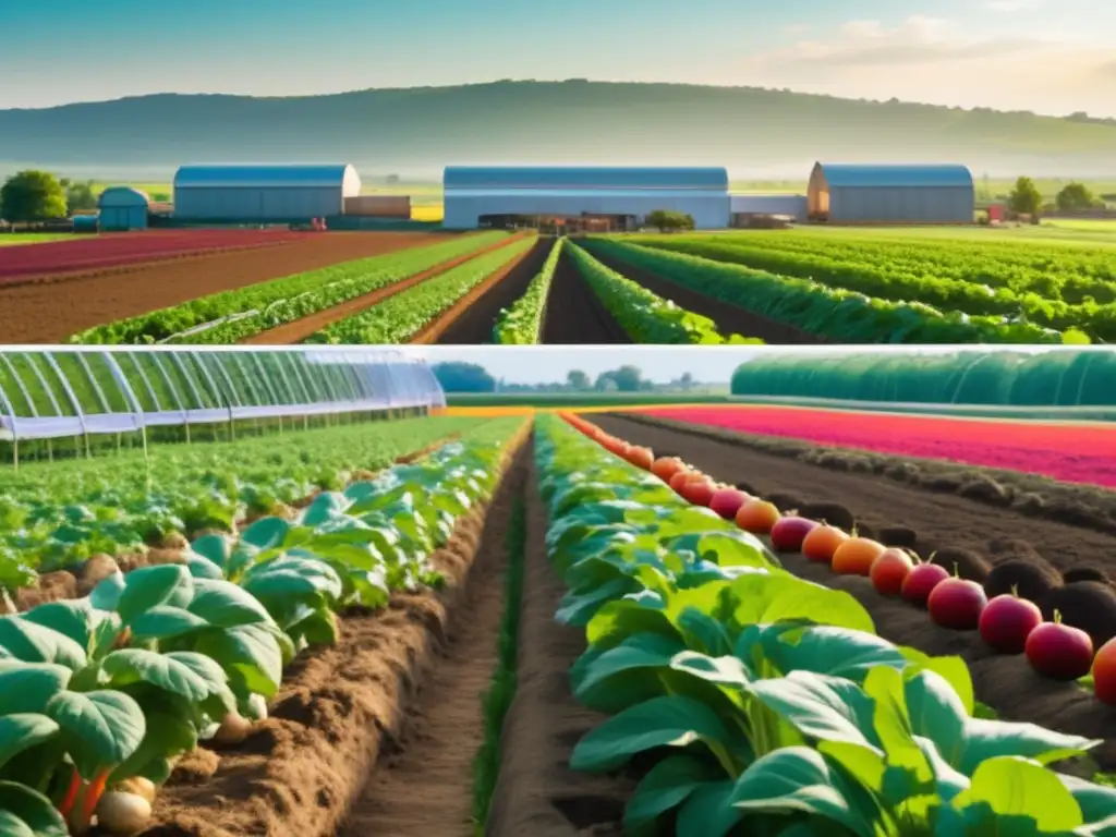 Comparación alimentos orgánicos vs procesados: granja orgánica vibrante vs procesamiento industrial frío