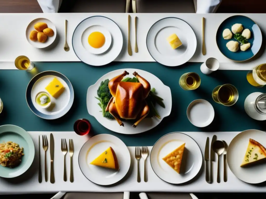 Mesa con comida lujosa y escasa, simbolizando desigualdad social y gastronomía en la literatura de ciencia ficción