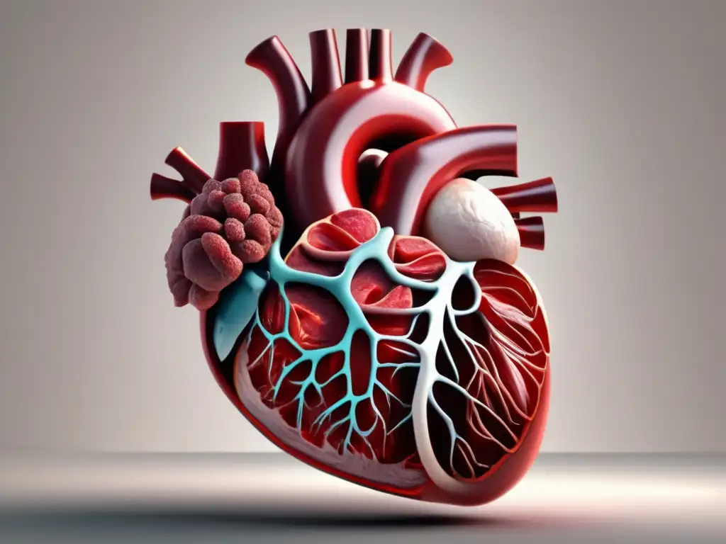 Impacto de la carne en tu salud: detallada imagen de un corazón humano de carne cruda, revelando sus cámaras, válvulas y vasos sanguíneos