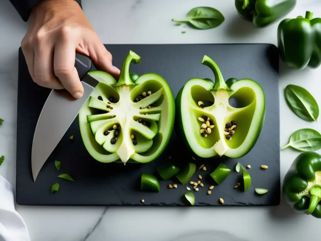 Cortes de Verduras: Técnicas y Secretos para Potenciar su Sabor en un Chef Haciendo Cortes Precisos en un Pimiento Verde