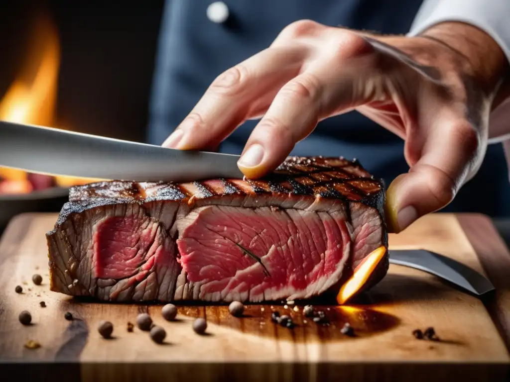 Mano de chef sosteniendo un cuchillo, listo para cortar un jugoso filete