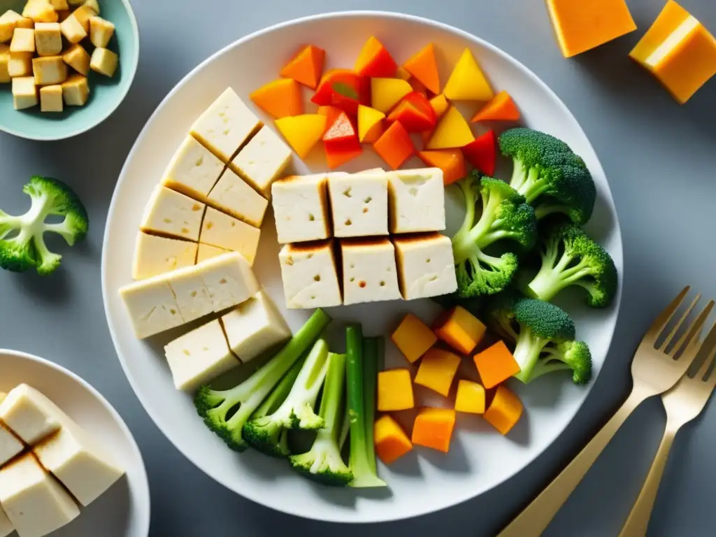 Plato de tofu a la plancha con verduras: Cortes de tofu y vegetales vibrantes destacan en esta imagen