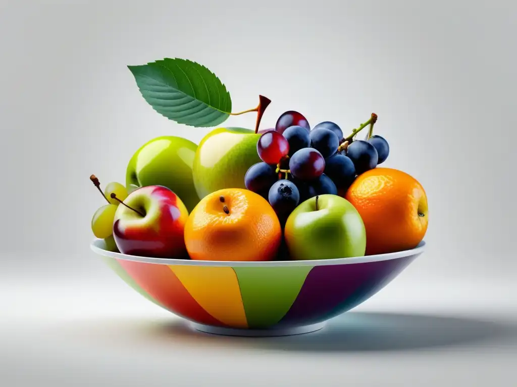 Fruta para diabéticos: Bowl de frutas coloridas y vibrantes, frescas y nutritivas, en fondo blanco