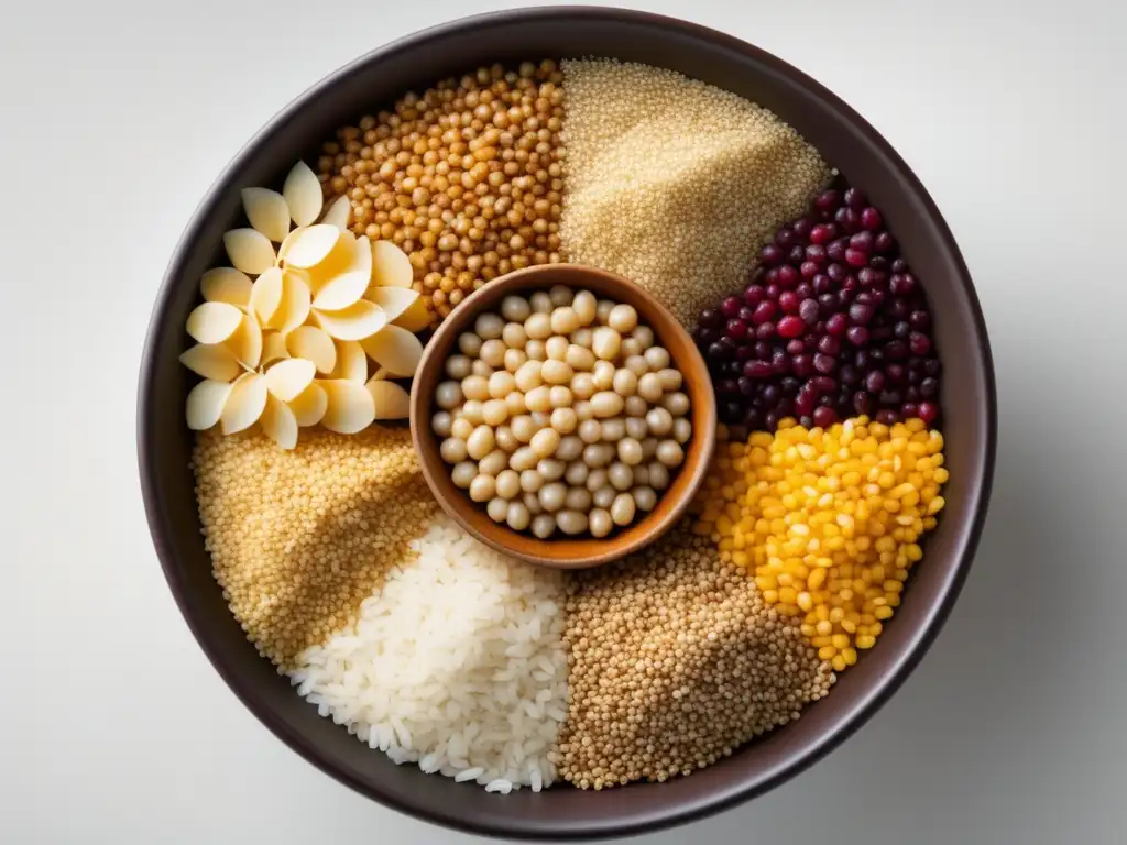 Bowl de granos sin gluten: variedad de quinoa, amaranto, arroz y trigo sarraceno en patrón simétrico con iluminación suave