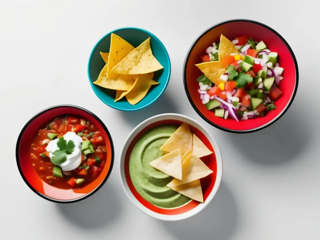 Tres cuencos coloridos con platos tradicionales de cocina criolla de México, Perú y Argentina