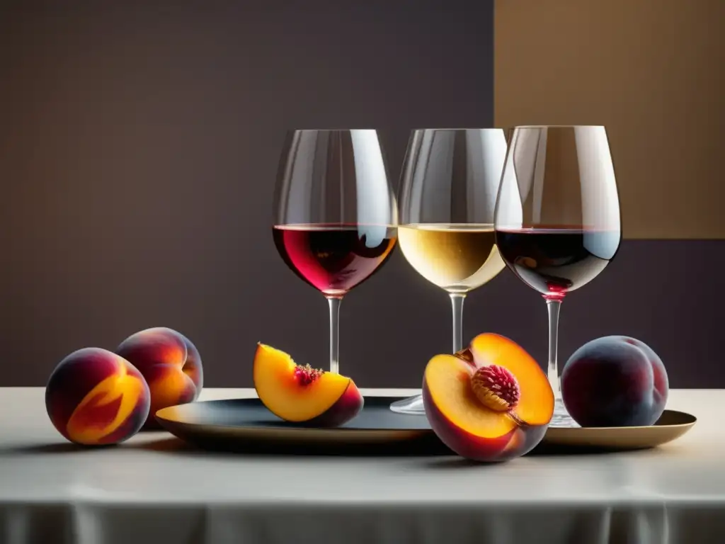 Maridaje con vinos: Mesa minimalista con tres copas de vino: dulce, tánico y fortificado