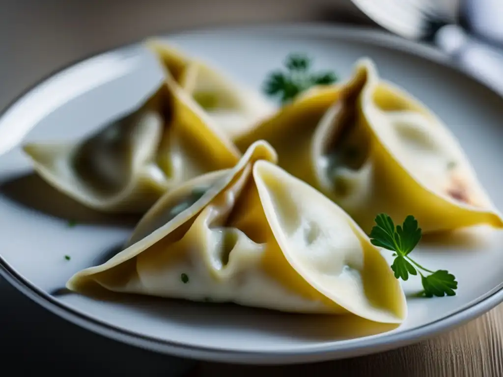 Deliciosa presentación de pierogi, dumplings tradicionales polacos, destacando la artesanía y gastronomía polaca