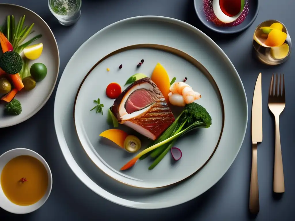 Exquisita presentación de plato con carne y mariscos, verduras vibrantes y texturas sorprendentes, destacando preparaciones a baja temperatura