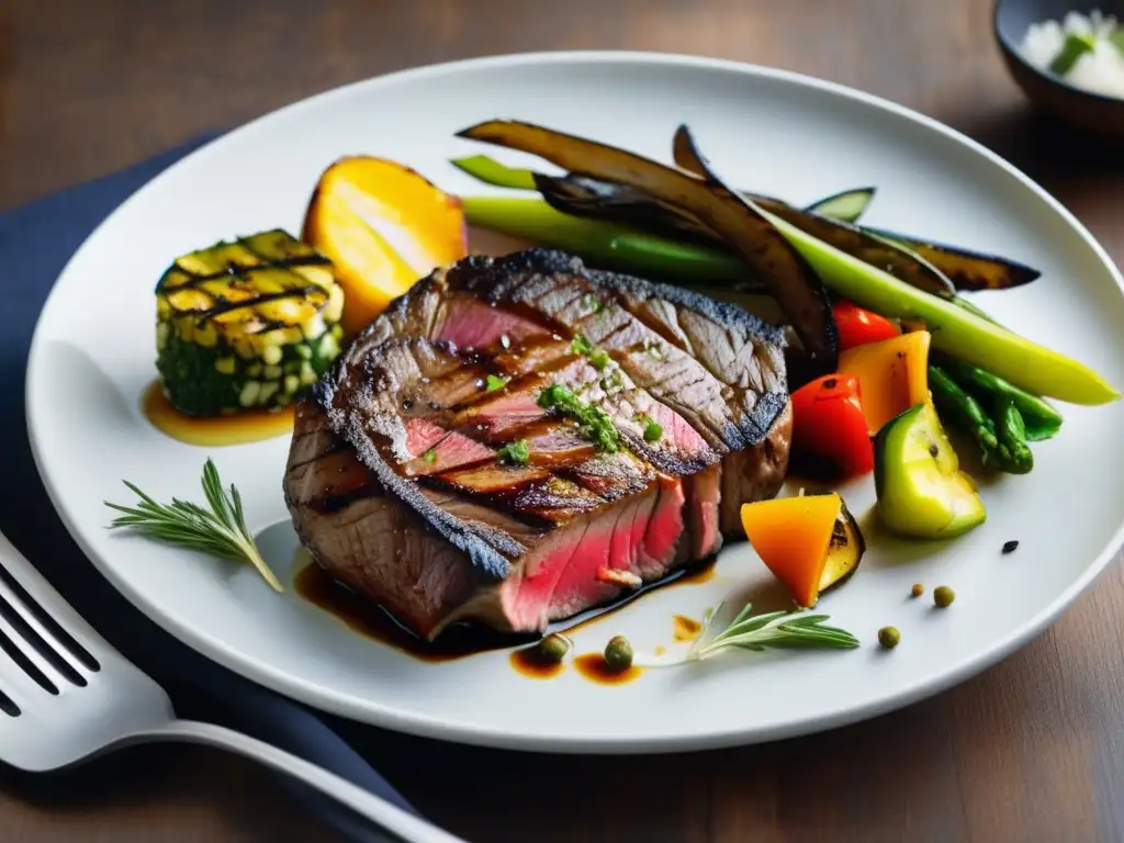 Deliciosa presentación gastronómica con un plato principal de steak y pescado a la parrilla, acompañado de verduras sazonadas - sal gastronómica