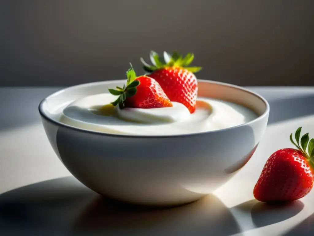 Yogur griego cremoso en un tazón con fresa