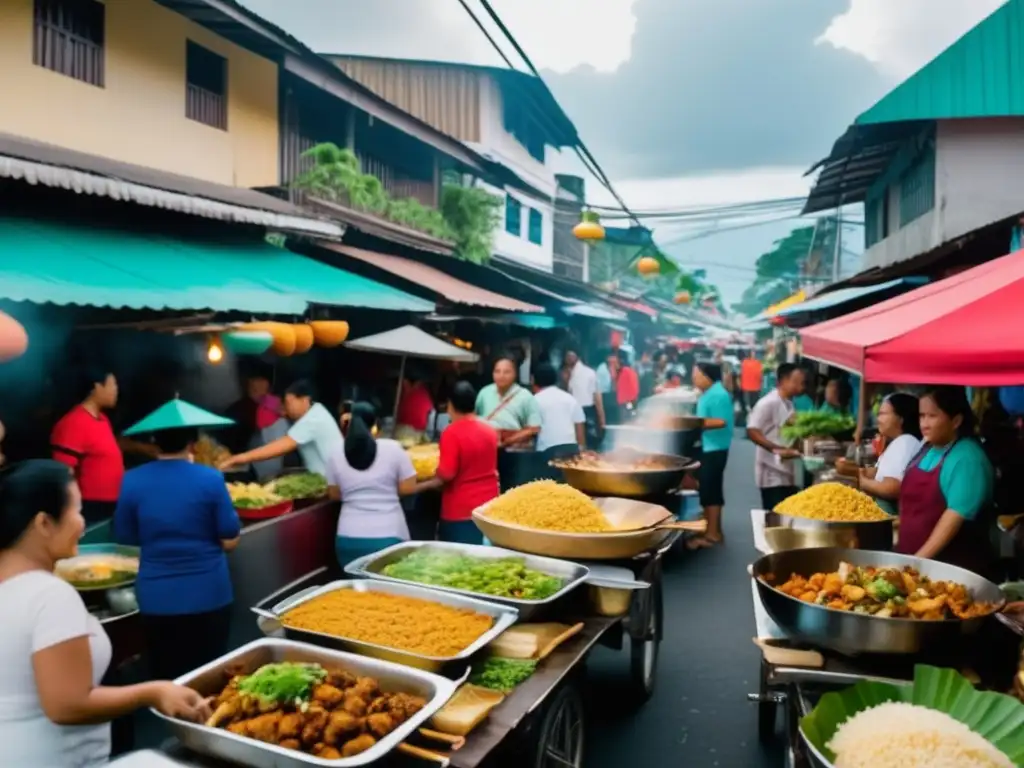 Comida callejera en Filipinas: platos vibrantes y gente disfrutando la diversidad culinaria