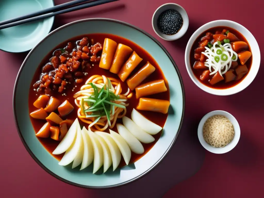 Los Imprescindibles de la Cocina Coreana: Kimchi y Más - Plato de Tteokbokki, Jjajangmyeon y Samgyeopsal