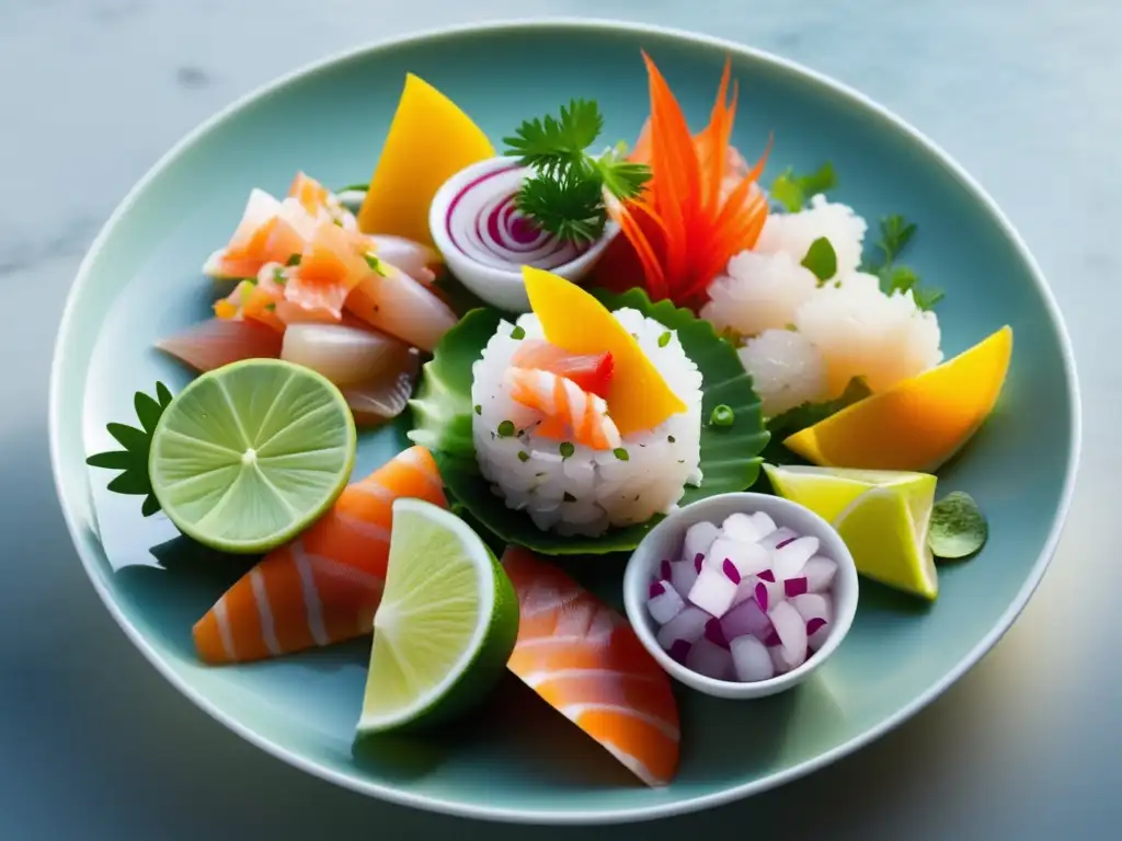 Plato de mariscos crudos: ceviche, tartar y sashimi