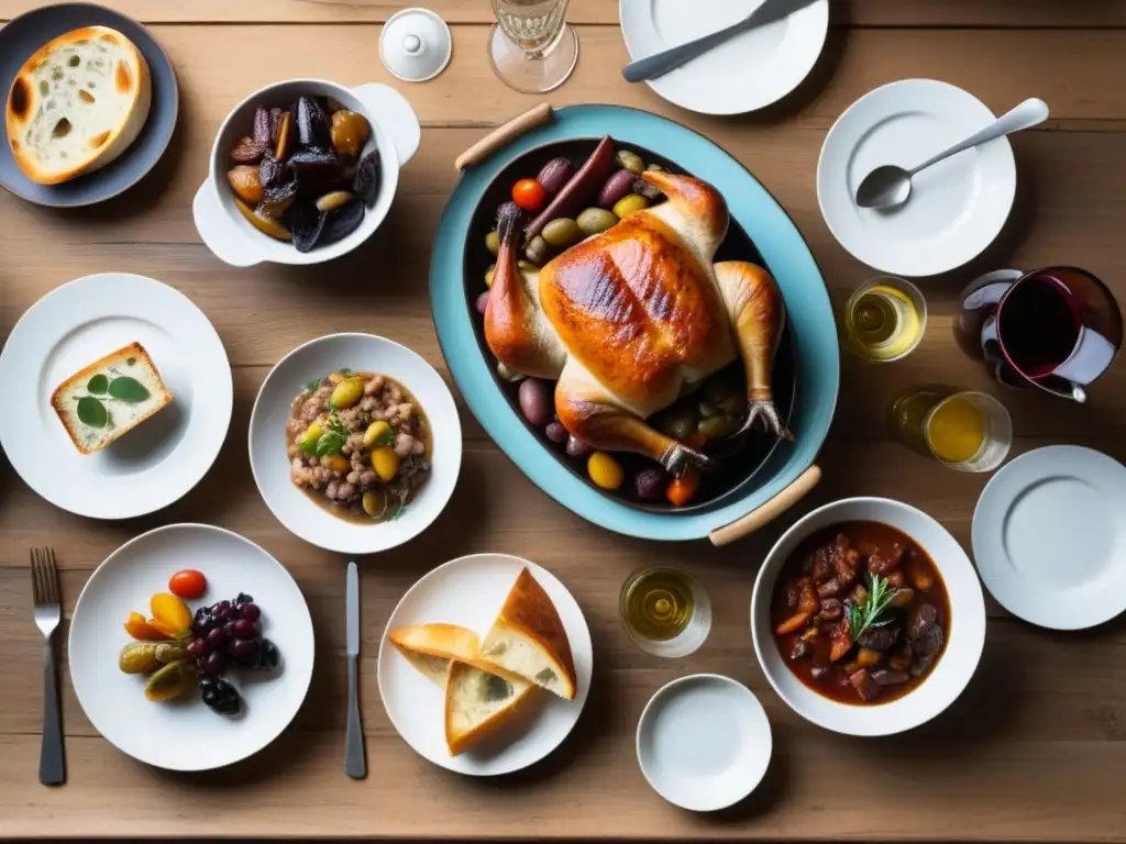 Feria del Vino en Burdeos: Mesa rústica con platos típicos de la región, como coq au vin, cassoulet, confit de canard y baguettes