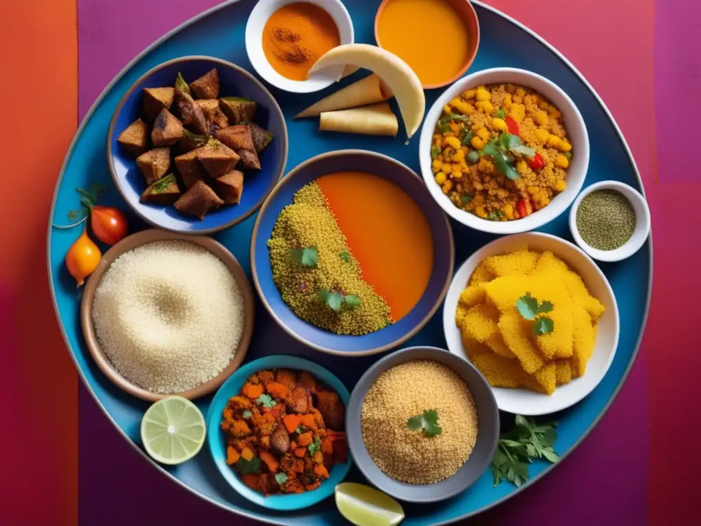 Gastronomía marroquí: una imagen abstracta y minimalista que muestra los sabores y colores vibrantes de la comida callejera en Marruecos