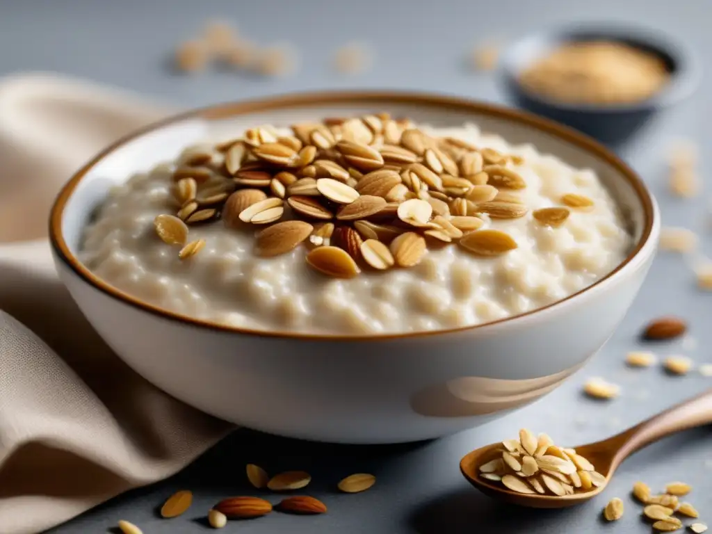 Bowl de avena cremosa con granos enteros, instantánea y copos, resaltando su valor nutritivo