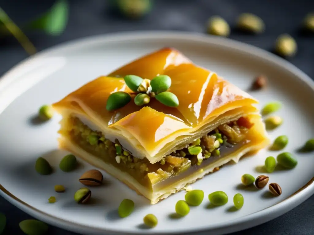 Baklava dorada con pistachos y miel: deleite visual de la repostería oriental