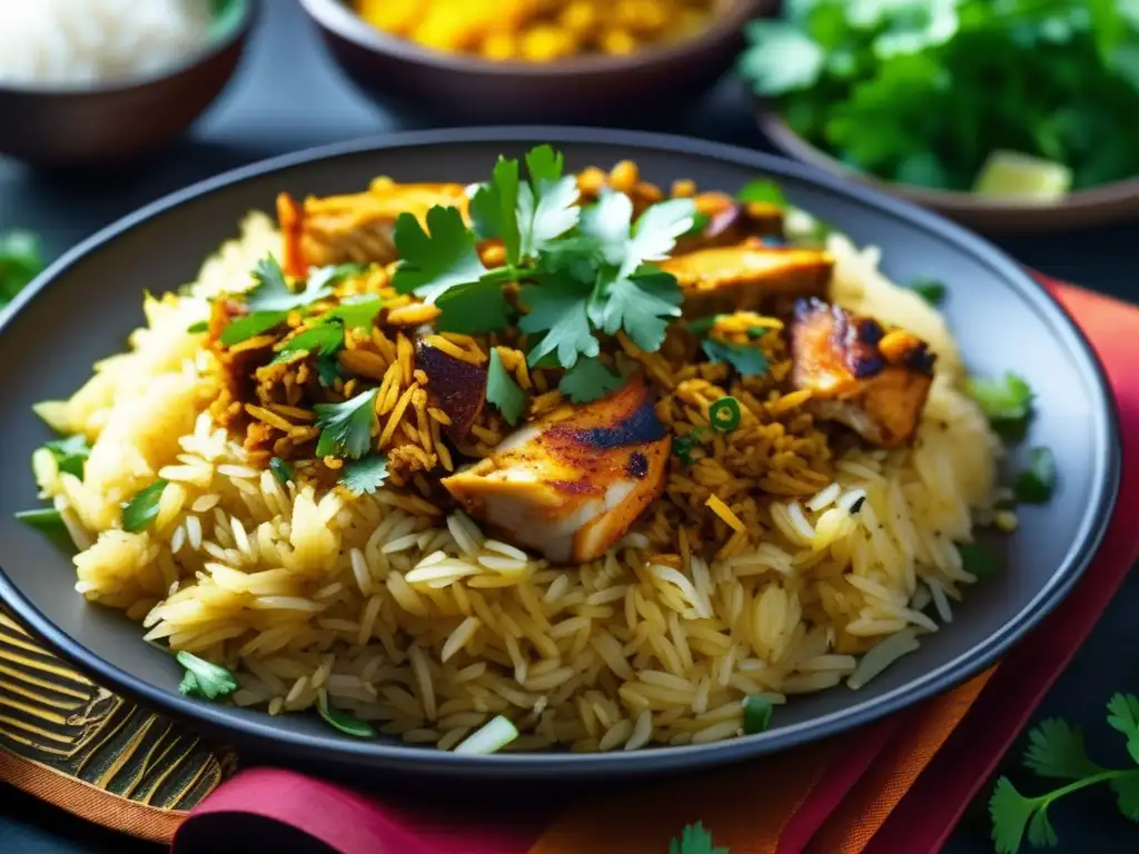 Biryani: El Rey de los Platos en la Cocina India - Plato de biryani con arroz basmati fragante, pollo marinado, especias aromáticas y cilantro fresco