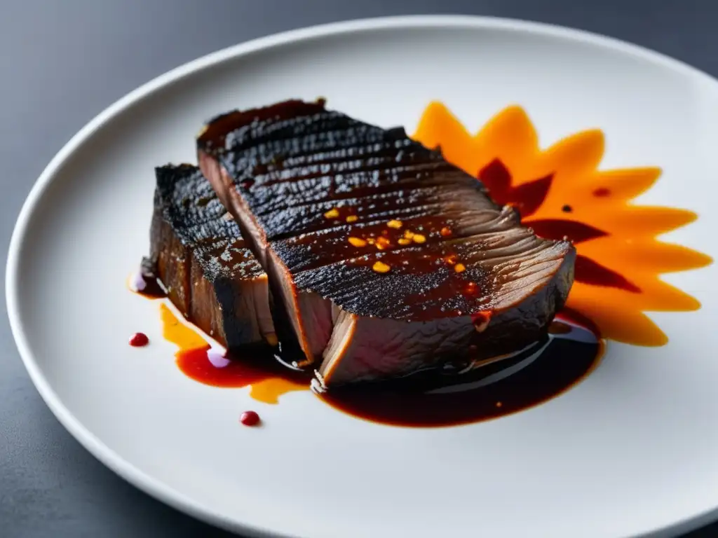 Carne de cabra marinada en plato blanco, realzando colores y texturas vibrantes de la marinada